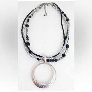 Premier Designs Black and Silver Night Life Multi Strand Necklace with Pendant